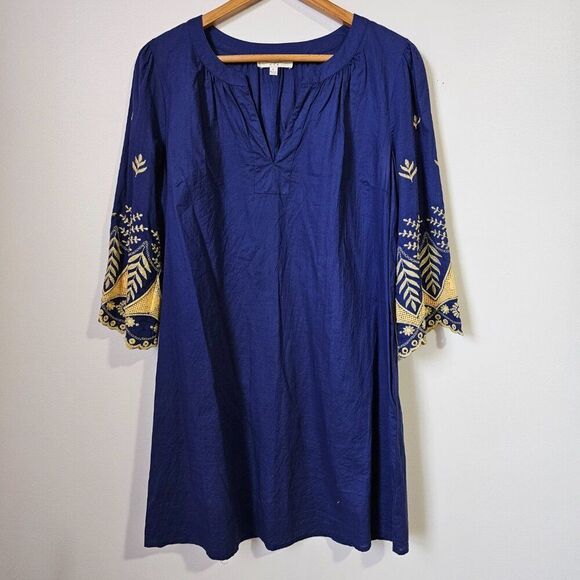 LIKE NEW UMGEE ELECTRIC BLUE SPLIT V NECK EMBROIDERED SLEEVES SHORT DRESS L - Picture 3 of 13